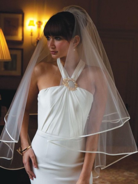 Wedding Bridal Veil Floor Length 2 Tiers Full 52" 68" Length Satin Ribbon Edge 