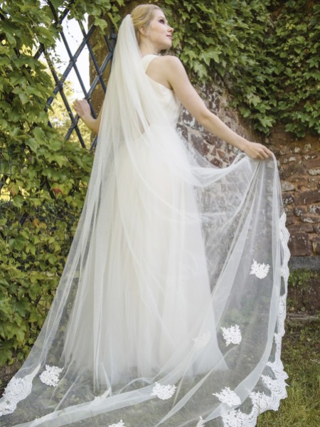 Joyce Jackson Lunaria Lace Edge Chapel Length Veil with Lace Motifs
