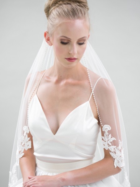 Joyce Jackson Novara Single Tier Pearl Edge Veil with Lace Motifs