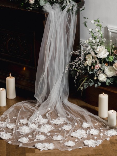 Linzi Jay Ivory Single Tier Chapel Veil with 3D Flowers LA614