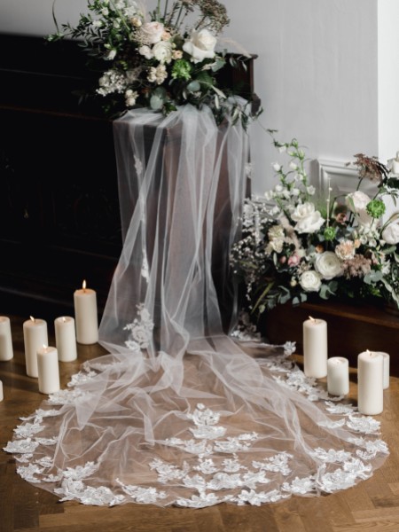 Linzi Jay Ivory Single Tier Chapel Veil with Floral Lace Motifs LA963