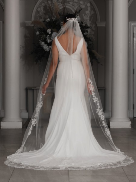 Linzi Jay Single Tier Ivory Cathedral Veil with Beaded Lace Motifs V741