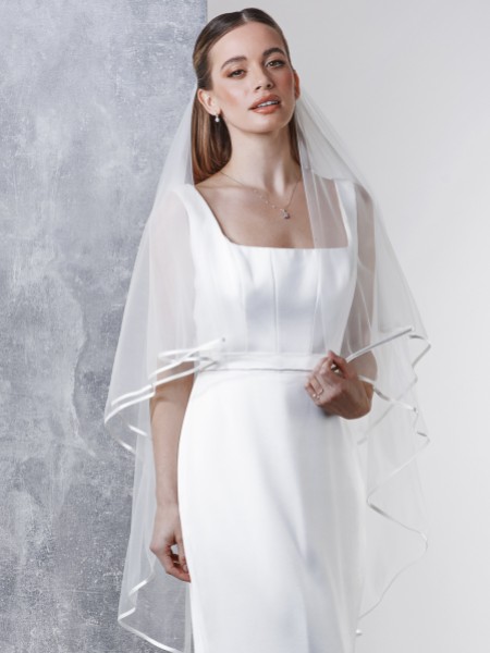 Bridal Wedding Veil White 2 Tiers Elbow Length  1/4in Satin Trim Hem Edge 