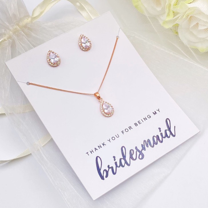 'Thank You For Being My Bridesmaid' Rose Gold Crystal Stud Jewelry Set