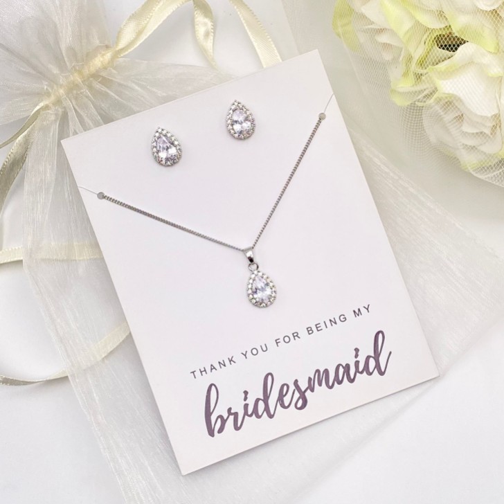 'Thank You For Being My Bridesmaid' Silver Crystal Stud Jewelry Set