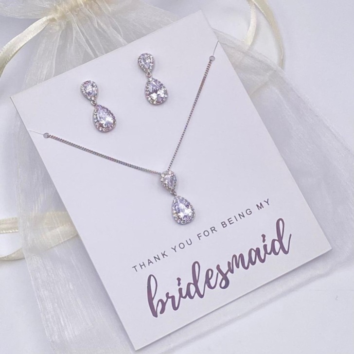'Thank You For Being My Bridesmaid' Silver Teardrop Crystal Jewellery Set