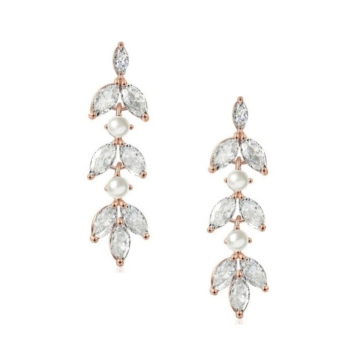 Amalia - Pendants d'oreilles en or rose avec zircon cubique et perles