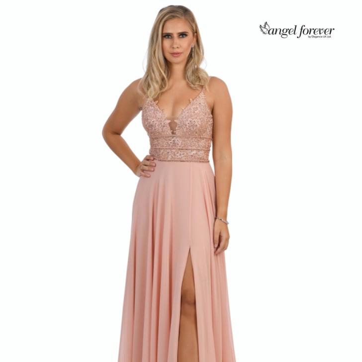 Angel Forever Beaded Lace A Line Chiffon Prom Dress with Slit (Rose Pink)