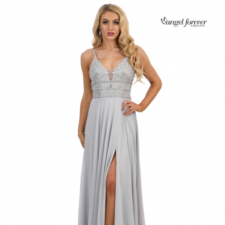Angel Forever Beaded Lace A Line Chiffon Prom Dress with Slit (Silver)