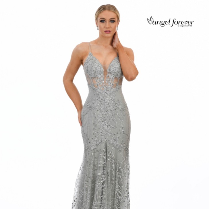 Angel Forever Glitter Lace Fitted Corset Prom Dress (Silver)