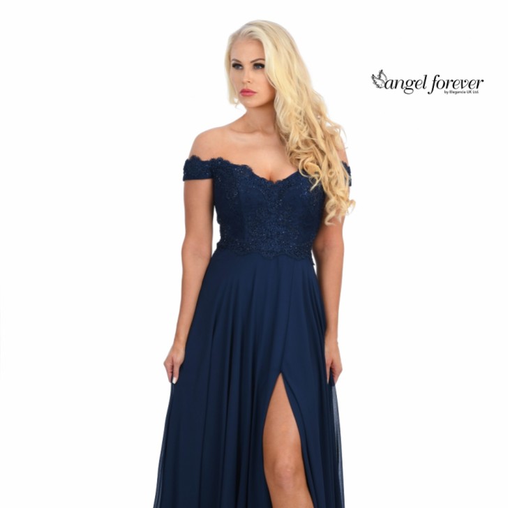 Angel Forever Off The Shoulder Chiffon Prom Dress with Lace Bodice (Navy)