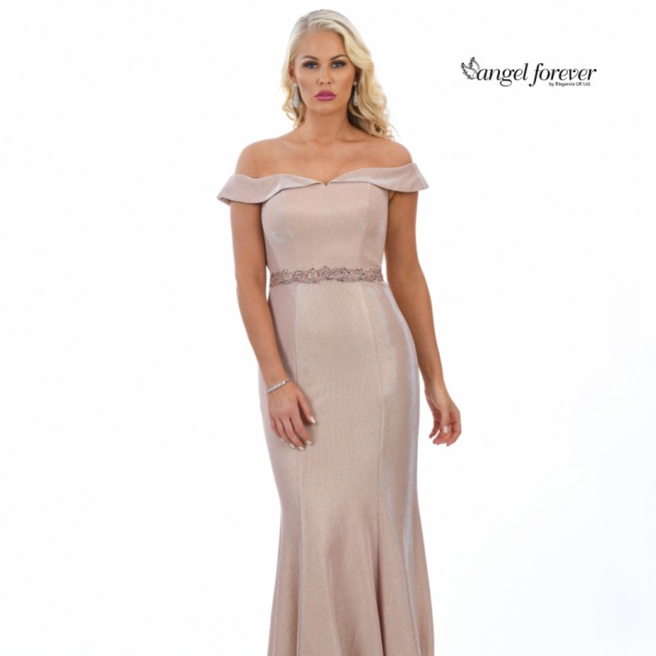 Angel Forever Shimmer Fabric Off The Shoulder Prom Dress (Rose Gold)