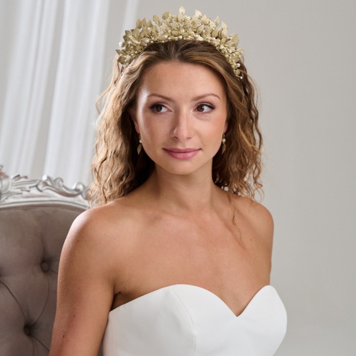 Arianna Catherine Statement Pearl and Leaves Tiara AR788 (diadème de perles et de feuilles)