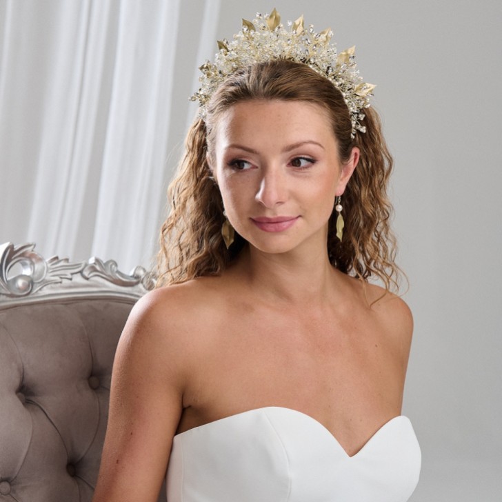 Arianna Lilibet Statement Leaf, Pearl and Crystal Bridal Crown AR763 (couronne de mariée en feuilles, perles et cristal)