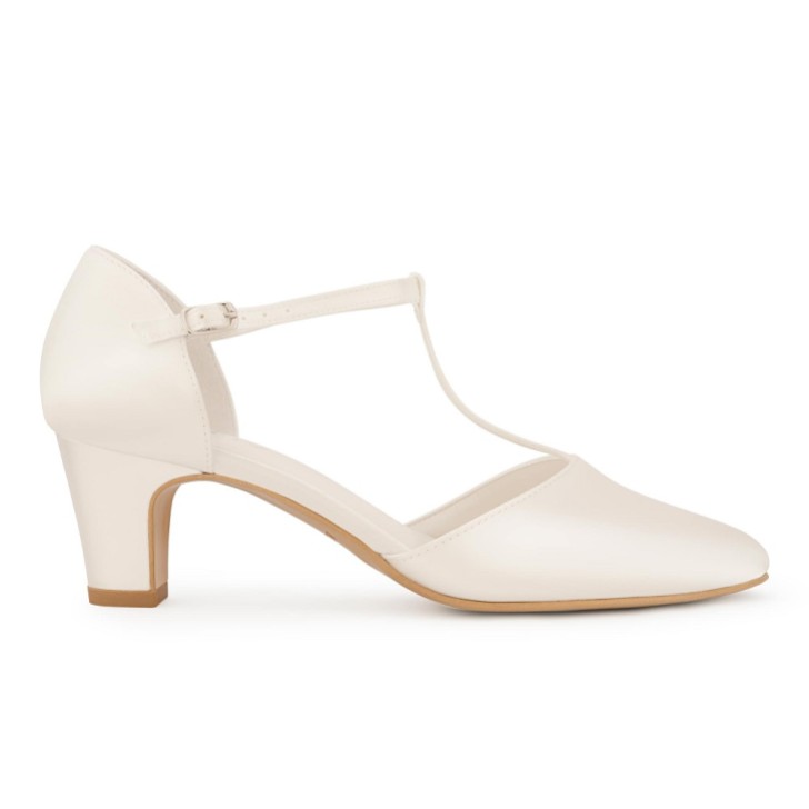 Avalia Aura Ivory Satin Low Block Heel T-Bar Shoes