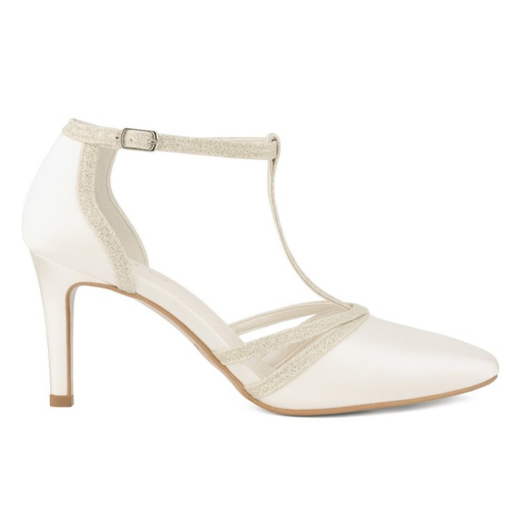 Avalia Wilma Ivory Satin and Silver Glitter T-Bar Shoes