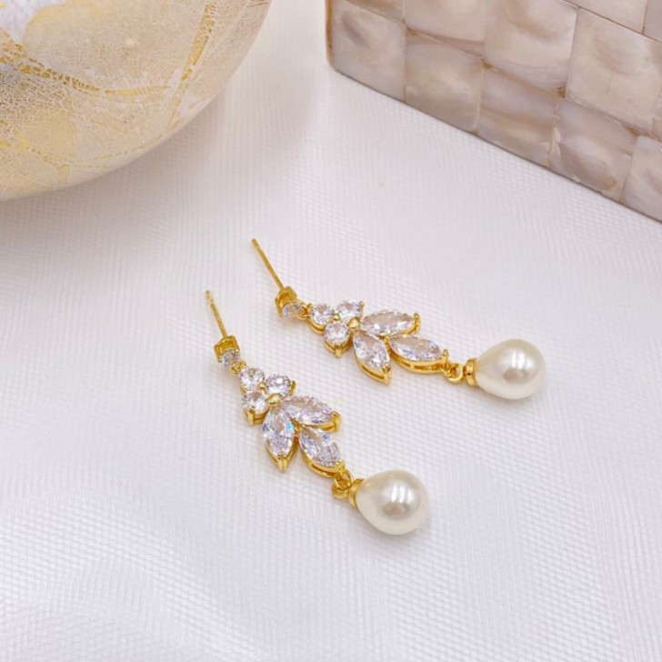 Barcelona Gold Crystal and Pearl Drop Earrings 