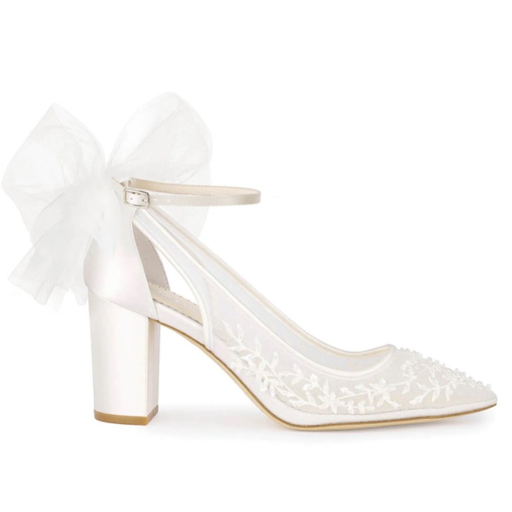 Bella Belle Easton Ivory Floral Beaded Lace Block Heels with Tulle Bows