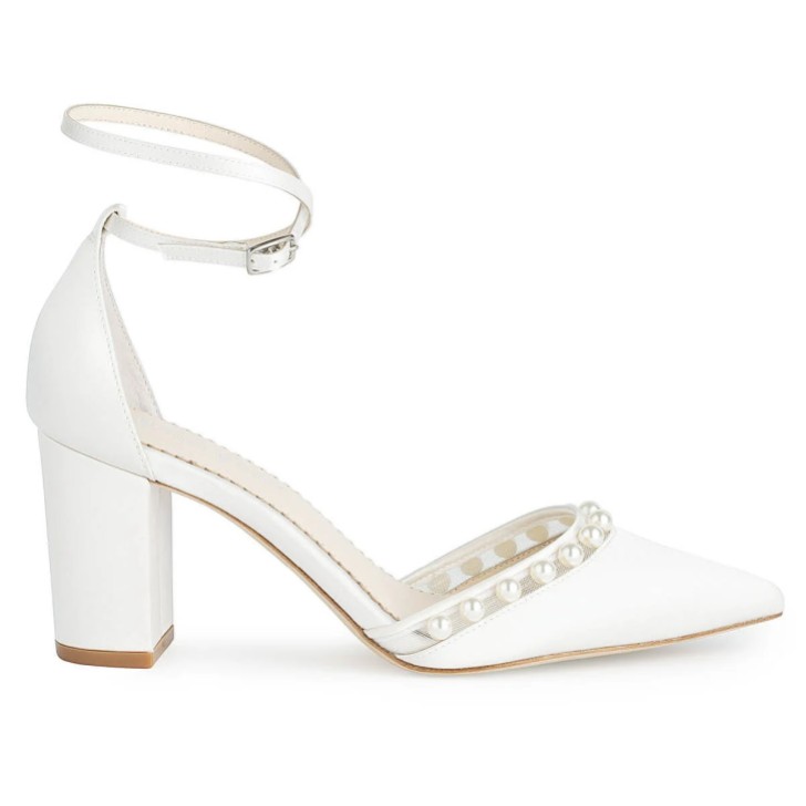 Bella Belle Emery Ivory Silk Ankle Strap Pearl Block Heels