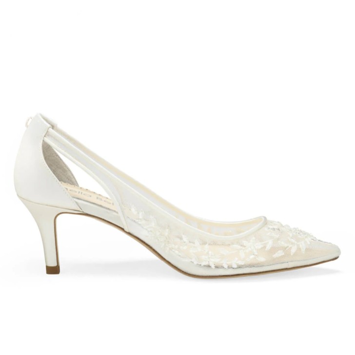 Bella Belle Esther Ivory Floral Beaded Lace Kitten Heels with Tulle Bows
