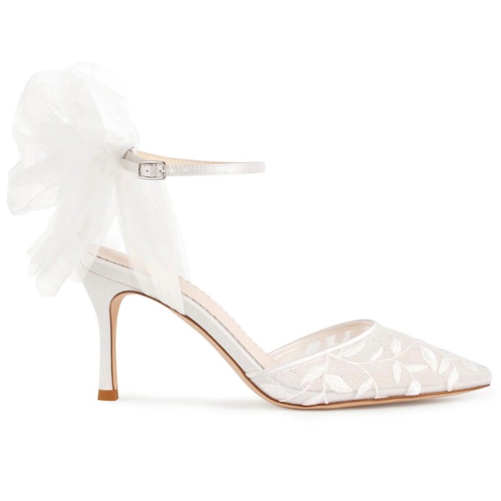 Bella Belle Joselyn Ivory Floral Lace Ankle Strap Heels with Tulle Bows