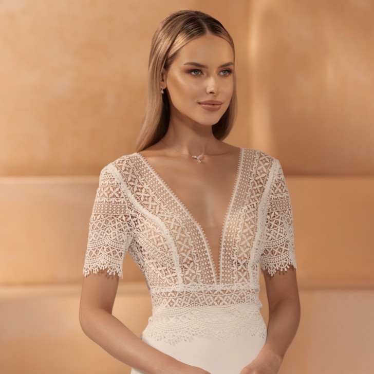 Bianco Avorio Top da sposa con collo a V in pizzo boho E443