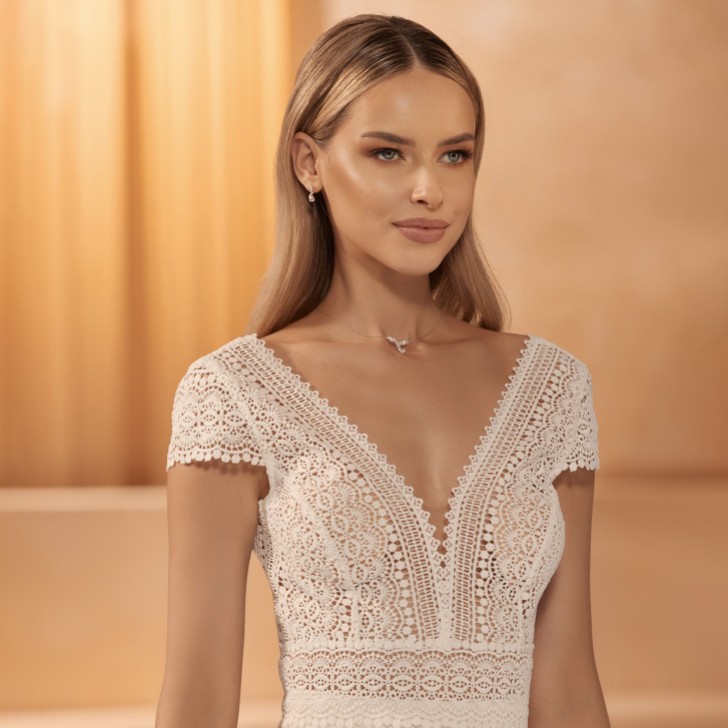 Bianco Avorio Top da sposa con manica a cappuccio in pizzo boho E436