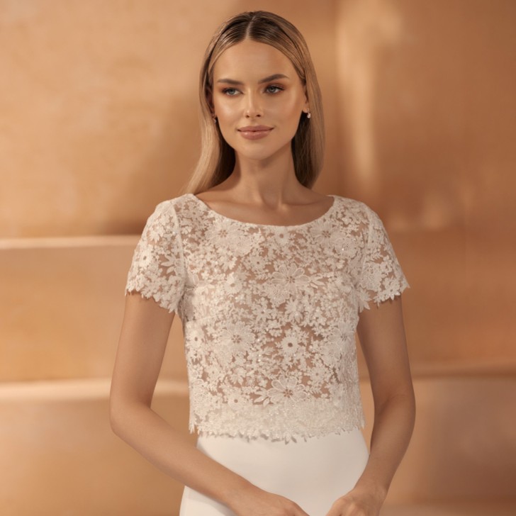 Bianco Avorio Top da sposa in pizzo con lustrini e schiena aperta E421