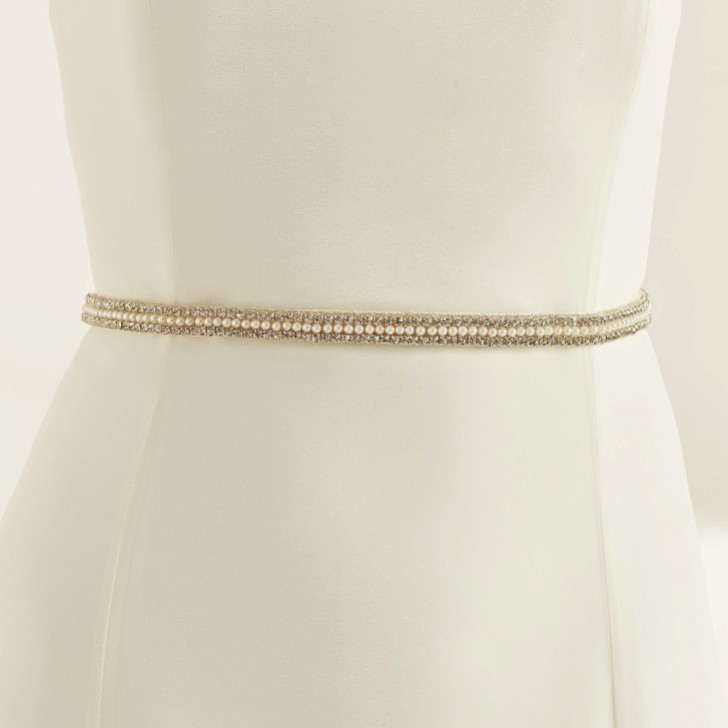 Bianco - Ceinture de mariage étroite en satin avec perles et diamants