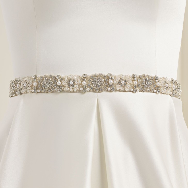 Bianco Crystal and Pearl Embellished Satin Dress Belt