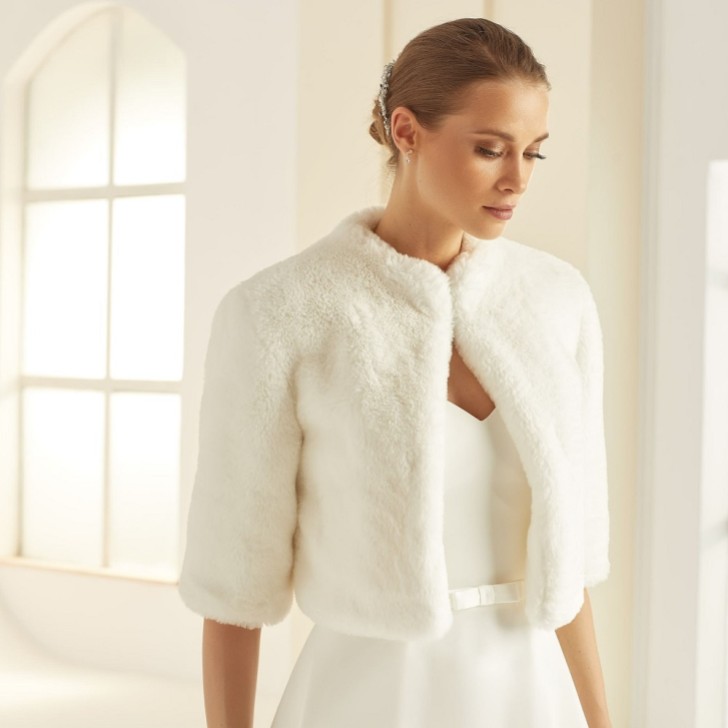 Bianco Ivory Faux Fur Elbow Length Wedding Jacket E307