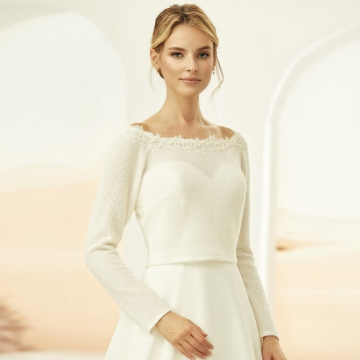 Bianco Ivory Knitted Long Sleeve Bridal Bolero with Lace Detail E325
