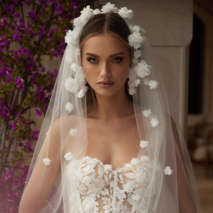 Bianco Ivory Single Tier Cut Edge Short Veil with 3D Flowers S493 (Voile court à bord coupé avec fleurs en 3D)