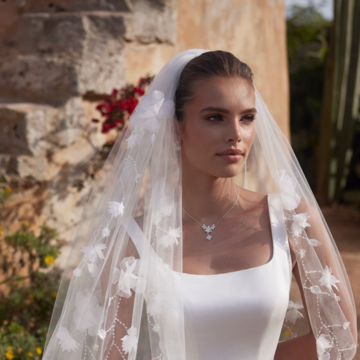 Bianco Ivory Single Tier Floral Embroidered Cathedral Veil S520