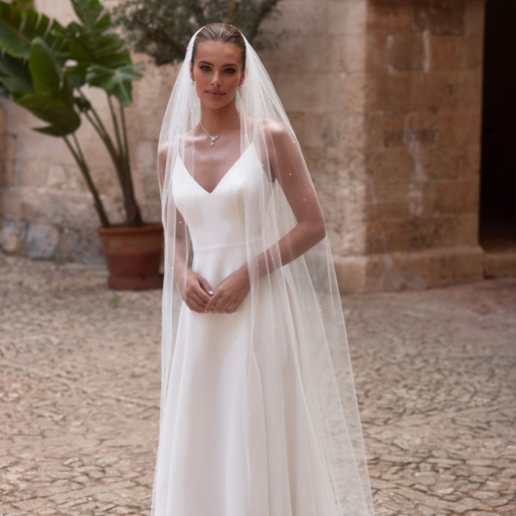 Bianco Ivory Single Tier Scattered Pearl Floor Length Veil (voile de sol) S525