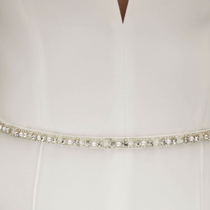 Bianco Narrow Pearl Embellished Satin Bridal Dress Belt (ceinture de robe de mariée en satin avec perles)