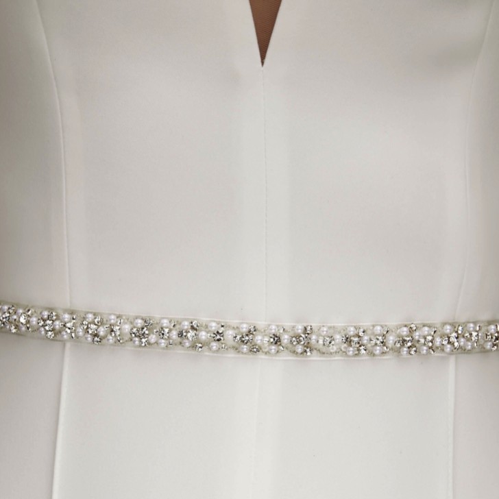 Bianco Thin Pearl and Crystal Organza Wedding Dress Belt