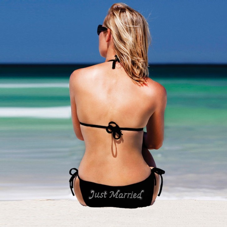 Black Diamante 'Just Married' Tie Side Bridal Bikini