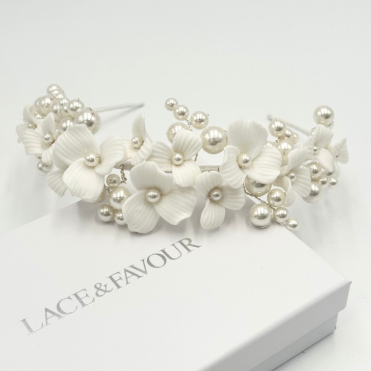 Bloomsbury Ivory Ceramic Flower and Pearl Wedding Tiara