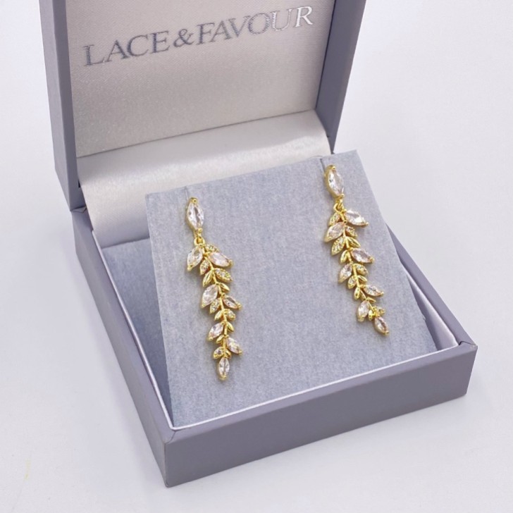 Boucles d'oreilles Fern Gold Sparkly Crystal Leaves