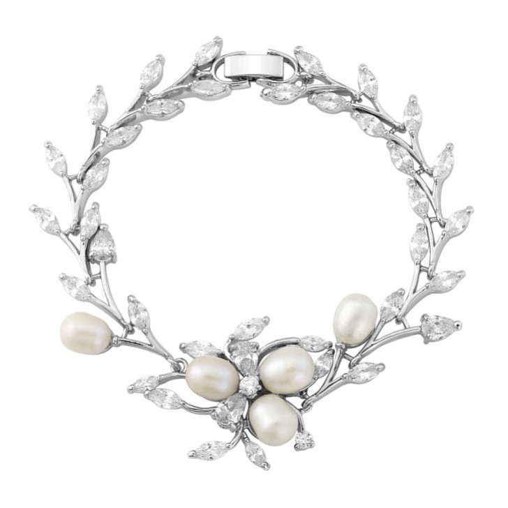 Bracciale nuziale Lola con perle d'acqua dolce e foglie di cristallo (argento)