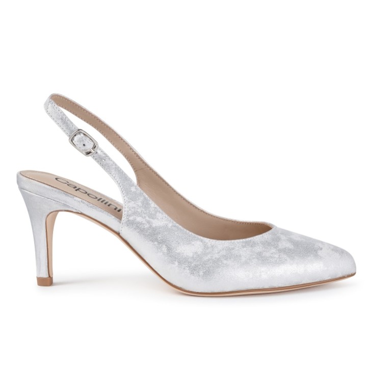 Capollini Catherine Silver Nubuck Leather Mid Heel Slingbacks