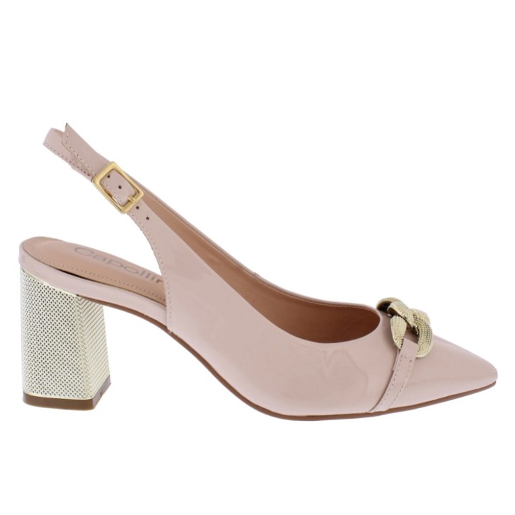 Capollini Mazy Nude Pink Patent Leather Block Heel Slingbacks (escarpins à talons hauts en cuir verni)