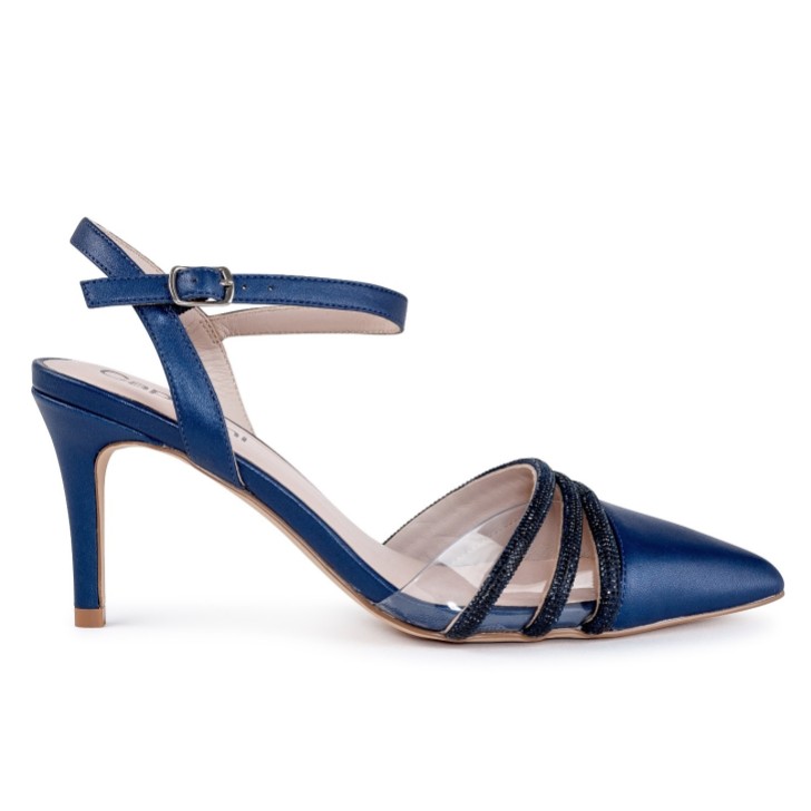 Capollini Ophelia Marineblaue Slingbacks aus perlenbesetztem Leder mit Knöchelriemen