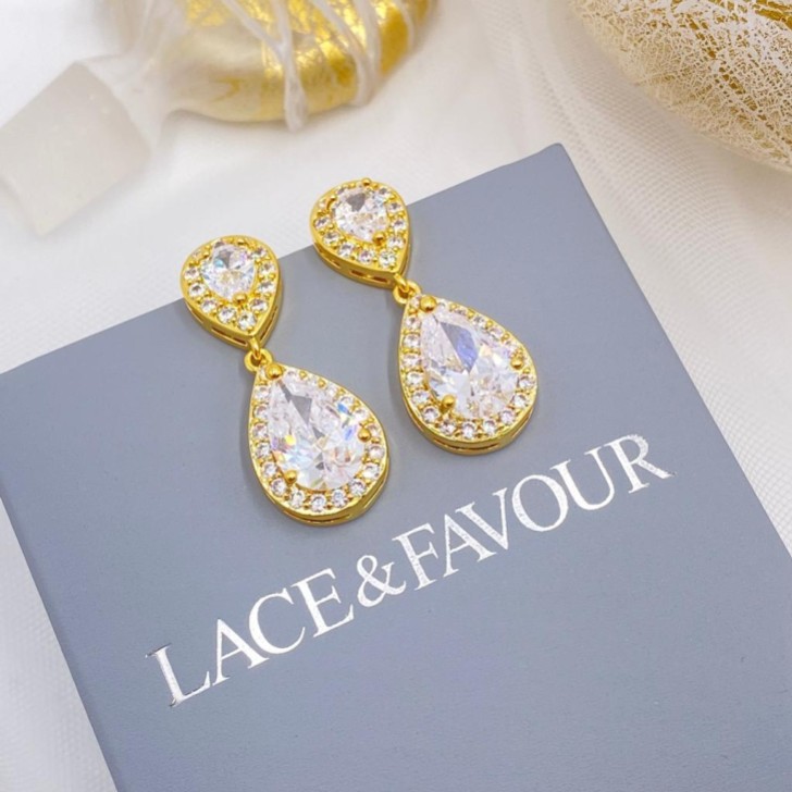 Celeste Crystal Embellished Wedding Earrings (Gold)