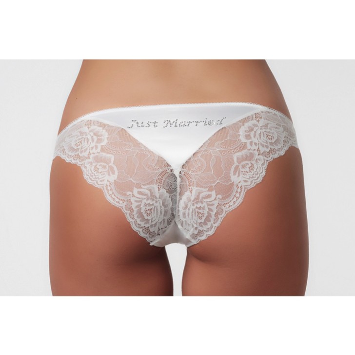 Culotte de mariée 'Just Married' en satin ivoire et dentelle avec diamants