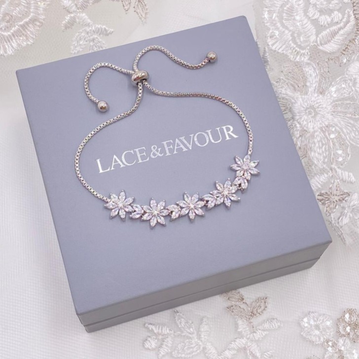 Daisy Silver Floral Crystal Adjustable Bracelet