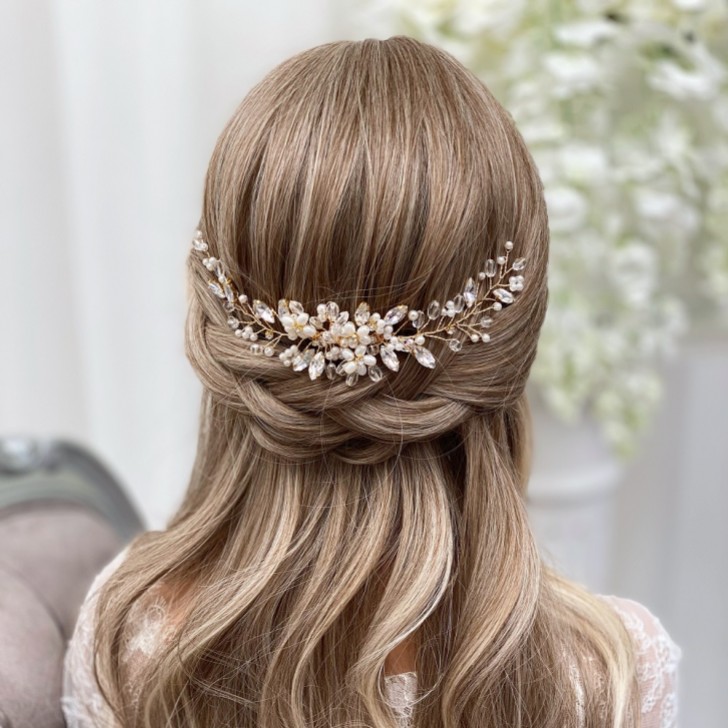 Destiny Pearl Flowers and Crystal Sprigs Bridal Headpiece (Gold)