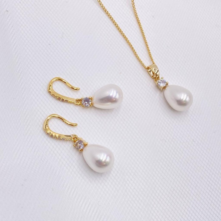 Dolci Gold Crystal and Teardrop Pearl Bridal Jewellery Set