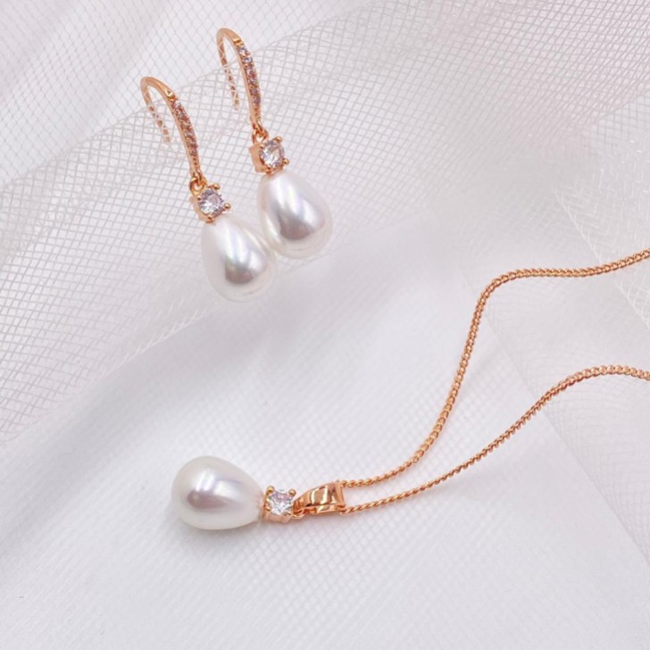 Dolci Rose Gold Crystal and Teardrop Pearl Bridal Jewellery Set